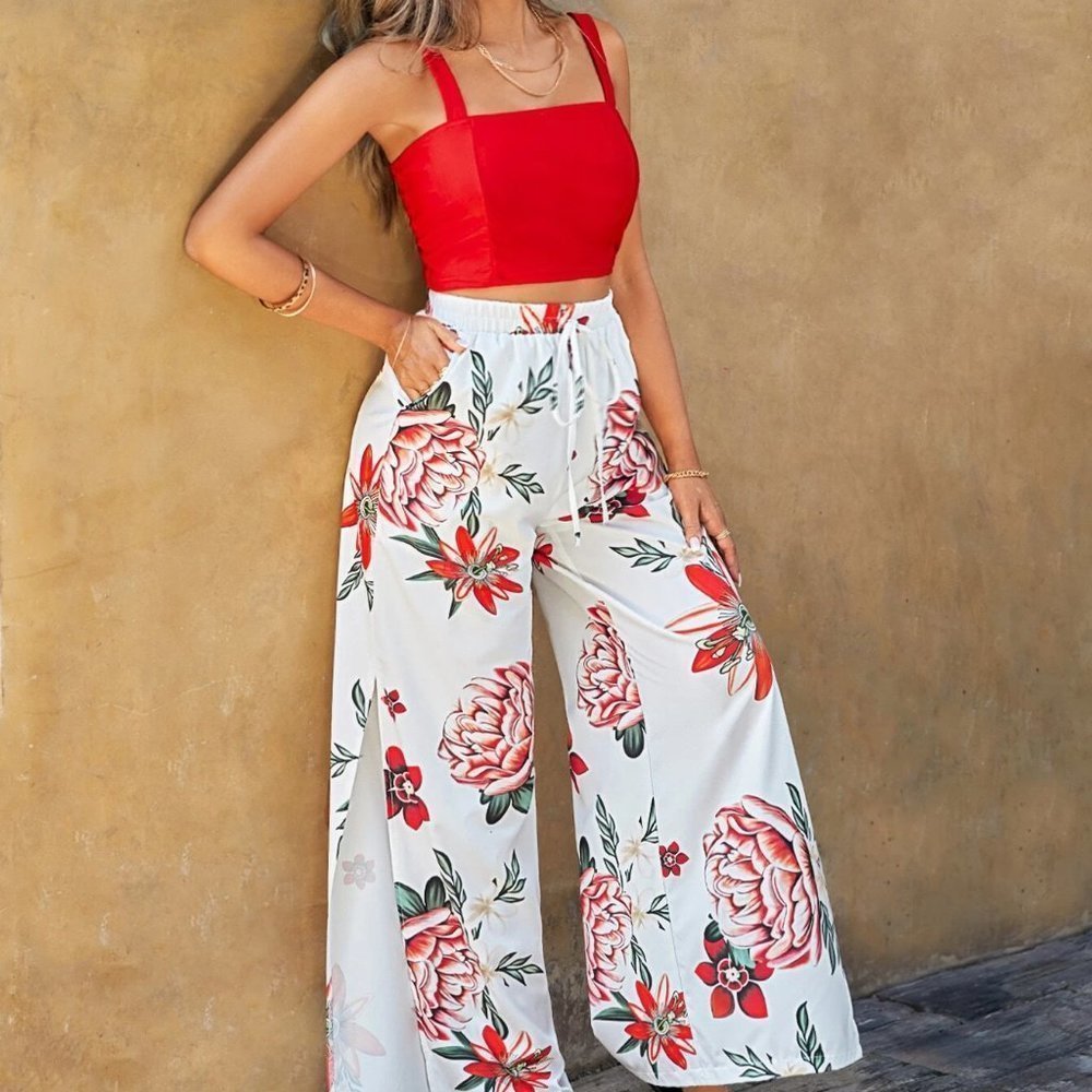 Boho Womens Solid Cami Top & Floral Print Split Thigh Pants set - Picture 3 of 5